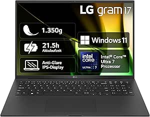 2024 LG gram 17 Zoll Notebook - 1350g Intel Core Ultra7 Laptop (16GB RAM, 1TB Dual SSD, 21,5h Akkulaufzeit, IPS Panel Anti-Glare Display, Win 11 Home) - Schwarz