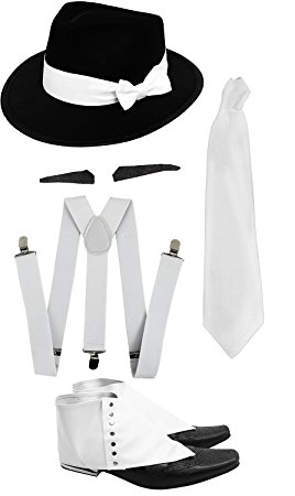 Gangster Set Fancy Dress Accessory Costume Kit, White Braces, White Tie, Spiv Moustache, Spats and Black Triby Fedora Hat