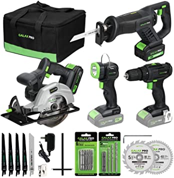 GALAX PRO 20V Lithium Ion Cordless 4-Tool Combo Kit, 3/8” Dill Driver, Reciprocating Saw, 5-1/2” Circular Saw and Work Light, Two Lithium Batteries(1.3A 3A) and One Charger, Carrying Bag Included