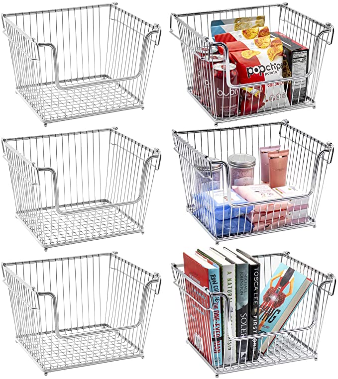 Sorbus Wire Metal Basket Bin, Stackable Storage Baskets, Cubby Bins for Food, Kitchen, Home, Pantry Snack, Vegetable, Potato, Onion, Laundry Room, Office, Farmhouse, Chrome (6-Pack, Silver)