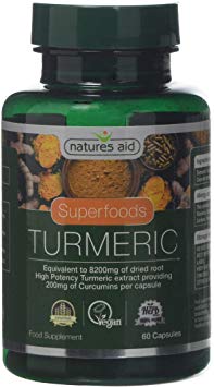 Natures Aid Turmeric 8200 mg, High Potency Extract plus Whole Herb, 200mg Curcumins, Vegan, 60 Capsules