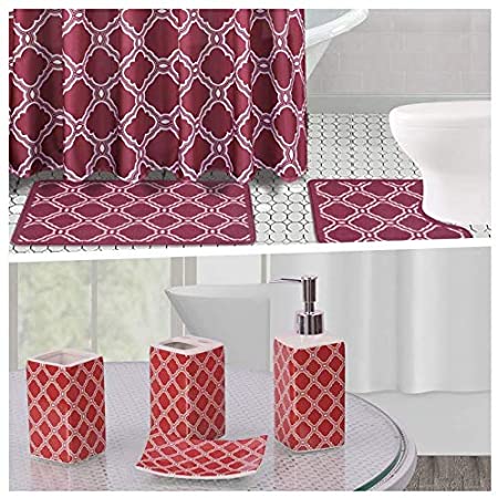 GorgeousHomeLinen Honey Comb 19pc Complete Bathroom Bath Mat Set with Shower,Hooks and Ceramic Accesories in 2-Tone Colors (Burgundy)
