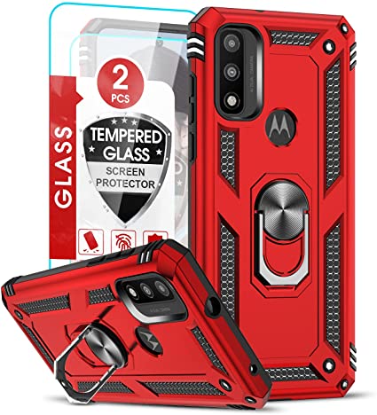 LeYi Compatible with Moto G Pure Phone Case, G Power 2022 Case with 2 Pcs Tempered Glass Screen Protector, [Military-Grade] Protective Phone Case with Magnetic Ring Kickstand for Motorola G Pure, Red