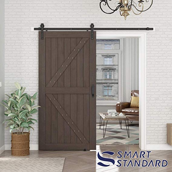 SMARTSTANDARD 42in x 84in Sliding Barn Door with 8ft Barn Door Hardware Kit & Handle, Pre-Drilled Ready to Assemble, DIY Unfinished Solid Cypress Wood Panelled Slab, K-Frame, Brown