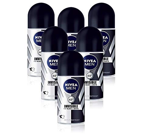 6x Nivea MEN Invisible Black & White Deodorant 48H Anti-Perspirant ROLL ON 50ml