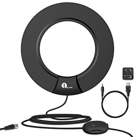 1byone HDTV Antenna - 60 Miles Omni-directional Amplified TV Antenna with Integrated Inline Smart Box and Included Stand, 10 Feet High Performance Coaxial Cable