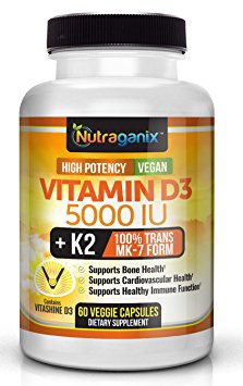 Vitamin D3 5000 IU with K2, High Potency, 60 Veggie Capsules, Gluten Free, Non-GMO, Plant-Based