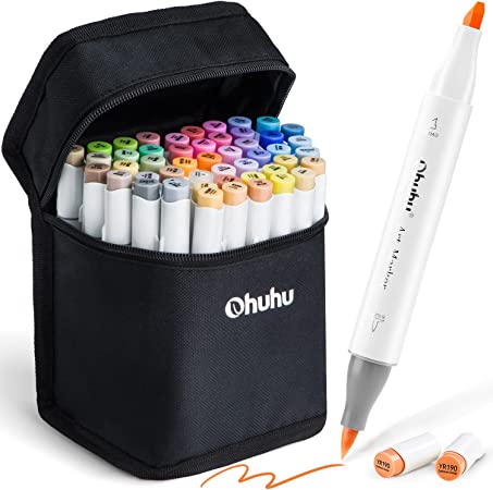 Ohuhu Alcohol Brush Markers, 48 Mid-tone Colors Marker Set for Artists, Honolulu Series, Double Tipped Alcohol Based Art Markers for Adults Coloring Sketching Illustration, Marker Case, Brush & Chisel