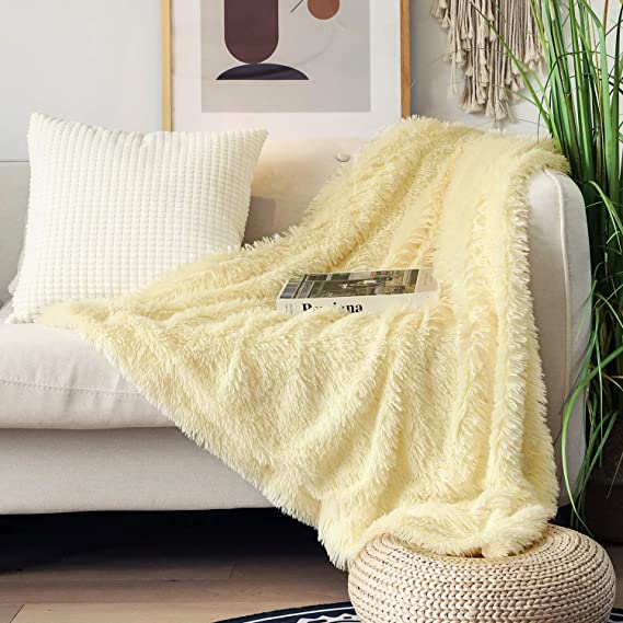 Decorative Extra Soft Faux Fur Throw Blanket 50"x 60",Solid Reversible Fuzzy Lightweight Warm Long Hair Shaggy Blanket,Fluffy Cozy Plush Microfiber Fleece Comfy Blanket for Couch Sofa Bed,Light Yellow