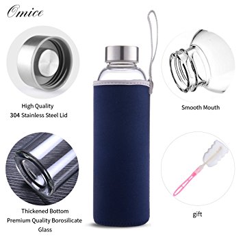 OMICE Glass Water Bottle BPA-Free Top Quality Borosilicate Glass 18 oz with Stainless Steel Leak-proof Cap, Nylon Sleeve and Gift Sponge Brush