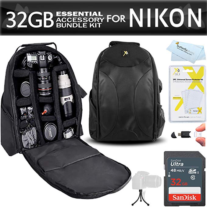 Essentials Accessory Bundle Kit For Nikon D7200, D7100, D7000, D5500, D5300, D5200, D3400, D3300, D3200, D3100, D800, D800E, D750, D600, D610, D300S, D90 DSLR Digital SLR Camera 32GB Card   BackPack