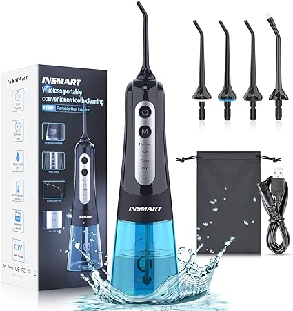 INSMART Water Flosser Cordless Dental Pick for Teeth Clean, Professional Oral Irrigator DIY 4 Modes IPX7 Waterproof 300ML Tank USB Rechargeable, Irrigate Jet for Plaque Removal Oral Gums Care