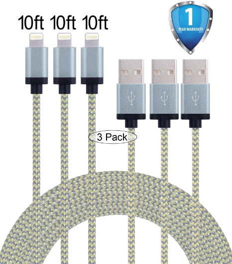 G-POW 3pack 10ft Nylon Braided lightning cords to USB Cable for iPhone 5/5s/5c/5se,6/6s,6/6s Plus,iPod,iPad Mini,iPad,iPad Air [gold & gray]