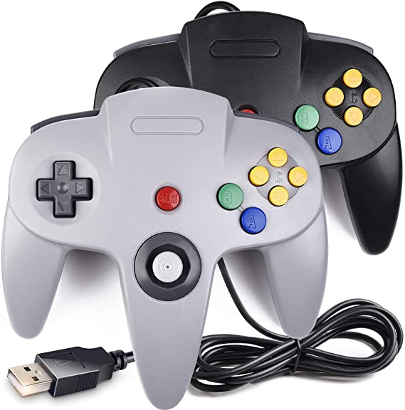 [USB Version] 2 Pack Classic N64 Controller, iNNEXT N64 Wired USB PC Game pad Joystick, N64 Bit USB Wired Game Stick for Windows PC MAC Linux Raspberry Pi 3 Genesis Higan (Black/Grey)