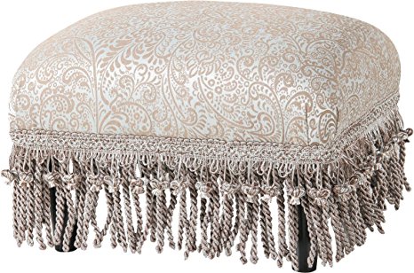 Jennifer Taylor Home Traditional Collection Wood Frame Upholstered Fringed & Tasseled Footstool, Teal-Tan Paisley