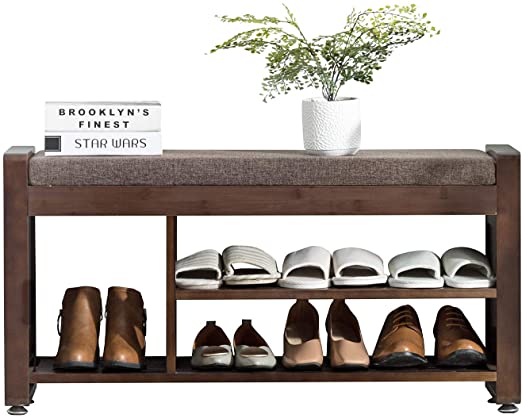 Shoe Rack Bench Nnewvante Entry Bench with Shoe Organizer Side Drawer & Hooks, Removable Padded Seat Cushion Bench Available for Entryway Hallway Living Room Bedroom, Bamboo-37.4in