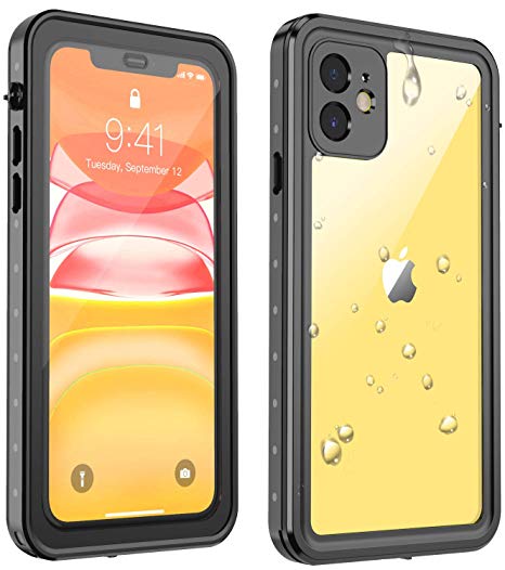 Eonfine iPhone 11 Waterproof Case, Rugged Heavy Duty Full Body Shockproof Clear Case Built in Screen Protector IP68 Waterproof Cover Skin for iPhone 11 6.1 Inch 2019 Release(Black/Clear)