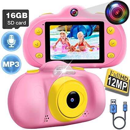 Kids Camera for 3-12 Boys Girls Learning Toys 12 MP DUAL Lens Camera HD 1080P Selfie Camera 2.4" Mini Child Digital Camcorder with Puzzle Game/MP3/16G SD Card, Child Outdoor Camera Birthday Gifts