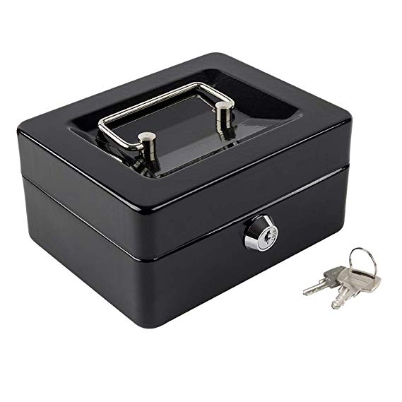 Kyodoled Cash Box with Money Tray,Small Safe Lock Box with Key,Cash Drawer,5.91"x 4.72"x 3.15" Black Small