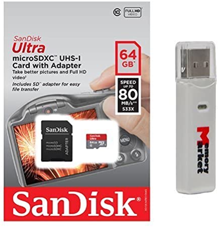 SanDisk Ultra 64GB UHS-I Class 10 MicroSDXC Memory Card Up to 80mb/s SDSQUNC-064G with Adapter and USB 2.0 MemoryMarket Dual Slot MicroSD & SD Memory Card Reader