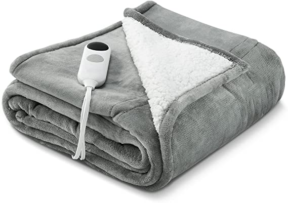 Electric Blanket Heated Throw Flannel & Sherpa Reversible Fast Heating Blanket 50" x 60", ETL Certification with 6 Heating Levels & 8 Hours Auto Off, Home Office Use & Machine Washable