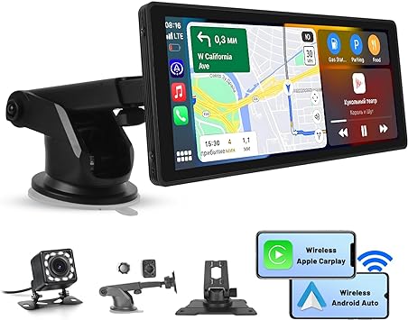 Hikity Portable Apple CarPlay Wireless Car Stereo Android Auto Screen, 10.26 Inch Touchscreen Car Radio with EQ Settings Voice Control Bluetooth Hands Free & 1080P Backup Camera