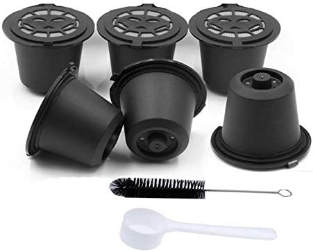 Poweka Refillable Capsules pod for Compatible with Nespresso ，6 Pack Black Reusable Coffee Capsules Pods for Nespresso with Coffee Spoon with Brush for Nespresso Machines Filter