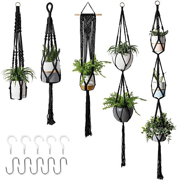 POTEY 650103 Macrame Plant Hangers - Hanging Planters for Indoor Outdoor Plants Handmade Cotton Rope Plant Hanger Set Flower Pots Holder Boho Home Decor 5-Pack 35"/40"/49"/67"/71",Black