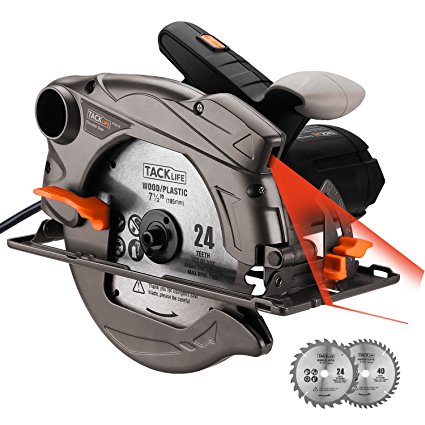 Tacklife Circular Saw with Laser Guide, Extra 40T 7-1/4" Blade, Lightweight Aluminum Guard, Max Cutting Depth 2-1/2’’(90 Degree), 1-4/5’’(45 Degree) for Wood, Soft Metal, Tile| PES01A