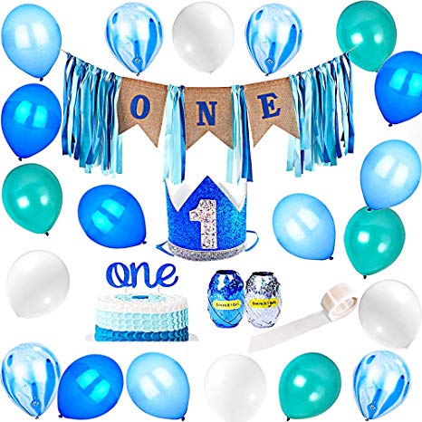 FECEDY 1st Birthday Burlap Ribbon Banner High Chair Decoration Garland Alphabet ONE Topper 1 Royal Boys Crown Hat 20pcs Balloons 2pcs Rope 1 Volume Glue Dots for Baby Boy Birthday Party Decorations