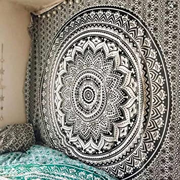 QuanCheng Popular Indian Hippie Mandala Wall Hanging Tapestry,Black White Ombre Mandala Hippie Bohemian Wall Hanging Tapestry Multi-Purpose Ombre Bedspread Wall Tapestry(71W×91L, Black)