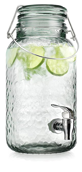 American Recreations Beverage Drink Dispenser Hammered Glass Recycled Green One (1) Gallon with Locking Clamp Hermetic Seal Bail & Trigger with Easy Flow Spigot