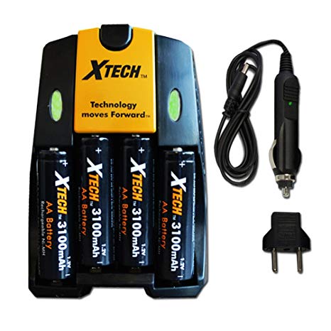 Xtech 4 AA Nimh High -Capacity Rechargeable Batteries 3100mAh plus Quick AC/DC Charger with Car Charger Adapter for Cameras, Digital Cameras, Trail Cameras, Security Cameras, Alarm clocks, Recorders, Calculators, Portable Electronic Devices, Portable Radios, Two way Radios, Handheld Scanners, Alarms, Portable Speakers, Solar lights, Flashlights, Smoke detectors, Carbon monoxide alarms, Wall Clocks and All Power Consuming Devices