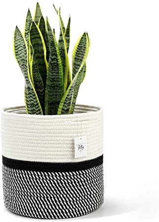 POTEY 700401 Cotton Rope Woven Plant Basket Modern Woven Basket for 10" Flower Pot Floor Indoor Planters,Storage Organizer Basket Rustic Home Decor,White Black Stripes 11"x 11"