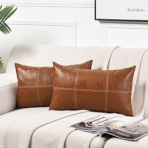 Fancy Homi 2 Packs Brown Boho Lumbar Plaid Faux Leather Decorative Throw Pillow Covers 12x20 Inch for Living Room Couch Bed, Rustic Modern Home Decor, Hand Stitched Rectangle Cushion Case 30x50 cm