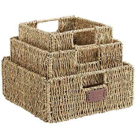 VonHaus Set of 3 Square Seagrass Storage Baskets with Insert Handles - Bathroom & Home Organizer Baskets