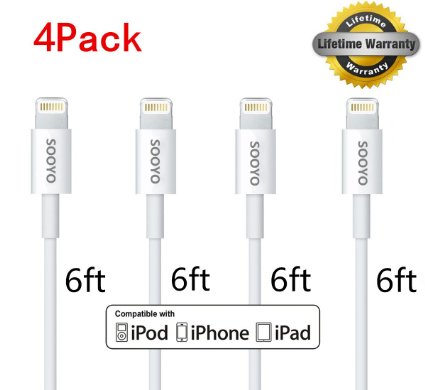 4Pack SOOYOTM 6ft 8-Pin Lightning to USB Cable Sync and Charging Cord Wire for iPhone 66s iPhone 66s Plus iPhone 5 5c 5s iPad 4 Mini Air iPod Nano 7 iPod Touch 56ftWhite