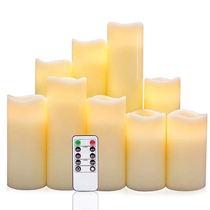 Eldnacele Flameless Flickering Pillar Candles, LED Battery Operted Candles with Remote and Timer, Set of 9(H 4" 5" 6" 7" 8" 9" xD 2.2") Real Wax for Christmas Decoration, Ivory