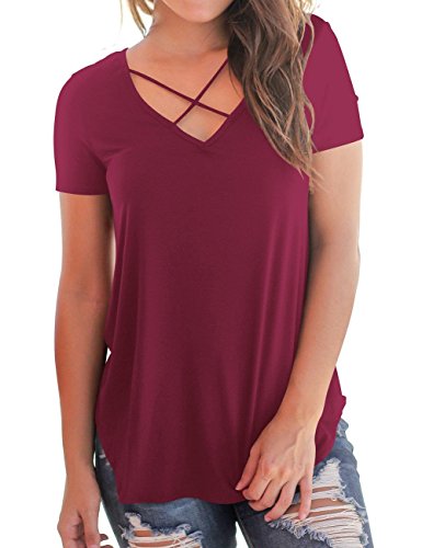 DawnRaid Women's V-Neck Criss Cross Front T-Shirt Tops Casual Tshirts Short Sleeve