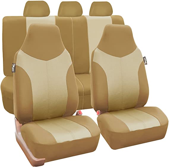 FH Group FB101BEIGETAN115 Beige Supreme Twill Fabric High-Back Car Seat Cover (Full Set Airbag Ready and Split Rear Bench)