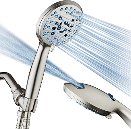 AquaCare AS-SEEN-ON-TV High Pressure 8-mode Handheld Shower Head - Antimicrobial Nozzles, Built-in Power Wash to Clean Tub, Tile & Pets, Extra Long 6 ft. Stainless Steel Hose, Wall & Overhead Brackets