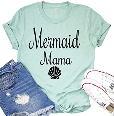 Mermaid Mama Shirt Women Cute Shell Graphic Print Print Letters Shirt Short Sleeve Casual Funny Top