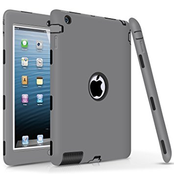 iPad 2 Case,iPad 3 Case,iPad 4 Case, DUEDUE Shock-Absorption Heavy Duty Rugged Hybrid PC Soft Silicone Back Cover Three Layer Armor Defender Protective Case for Apple iPad 2/3/4 Retina, Gray/Black