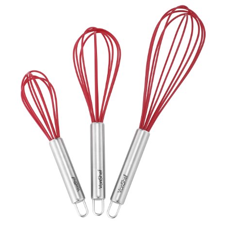 VonShef Silicone Whisk with Stainless Steel Handle, Set of 3, Red