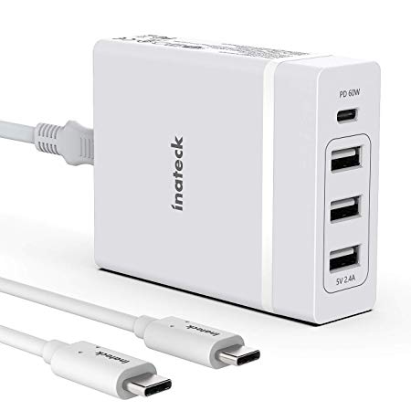 Inateck 4 Ports 72W USB C Charger with 2m Type C Cable, 60 W USB C Port and 3 USB-A Ports for Laptops, Tablets, Phones, White