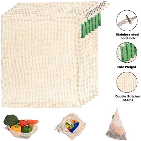 Reusable Produce Bags, Organic Cotton Mesh Bulk Sachet Bags for Grocery Shopping Laundry Food or Storage with Tare Weight Tags, Double-Stitched Seams, Biodegradable, Eco-Friendly,6 Pack Medium 13"x11"
