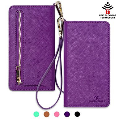 SHANSHUI Genneral Using RFID Blocking Leather Holster Wallet Clutch Wristlet Case for Apple iPhone, Samsung Galaxy,Google Nexus,LG,HTC One M7, Sony Xperia,Moto X/G, Huawei Honor 6(M-Purple)