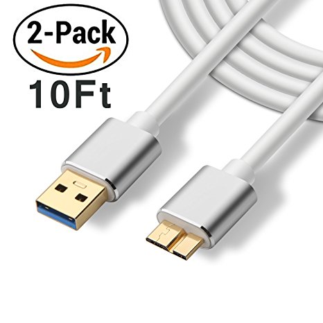 Samsung Micro USB 3.0 Cable for Samsung Galaxy S5 /Note 3 Charger Cable 10ft Long Gold-Plated Fast Charging Cord (2-Pack, White) By BEST4ONE