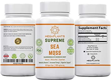 MegaPlants Supreme Sea Moss SuperFood Blend | Organic | WildCrafted | Irish Moss, Bladderwrack, Burdock Root | 1500 Mgs | Essential Minerals