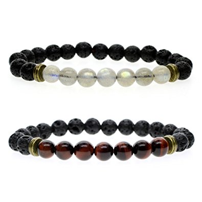 AmorWing 8mm Natural Stone Lava Beads for Essential Oil With Labradorite/Tiger Eye Bracelet (2 Pack)